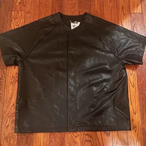 Adidas Originals Faux Leather Baseball Jersey Men's Large Black Snap Down 2024 - Picture 1 of 16